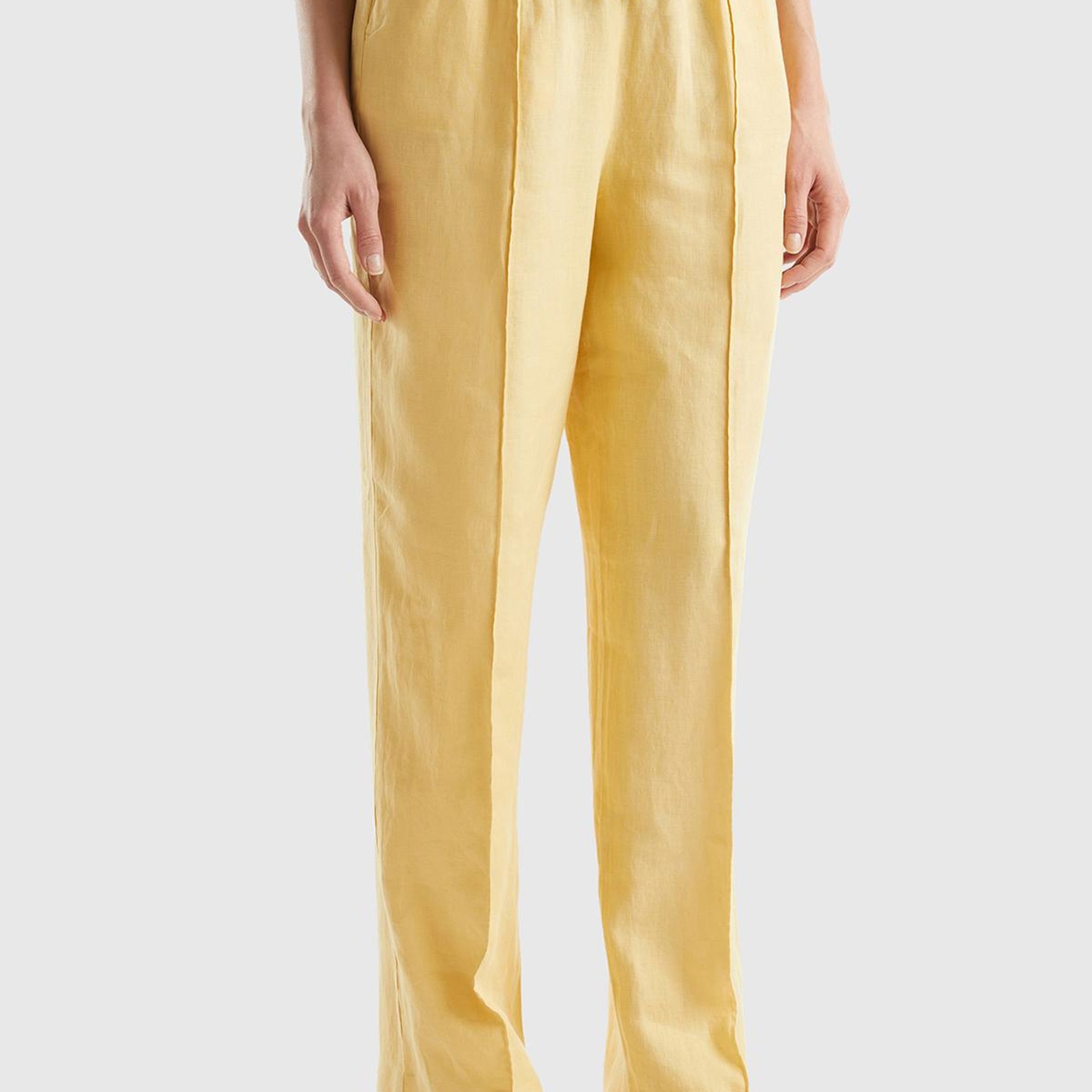 Kadın Açık Sarı %100 Keten Beli İpli Rahat Kalıp Pantolon