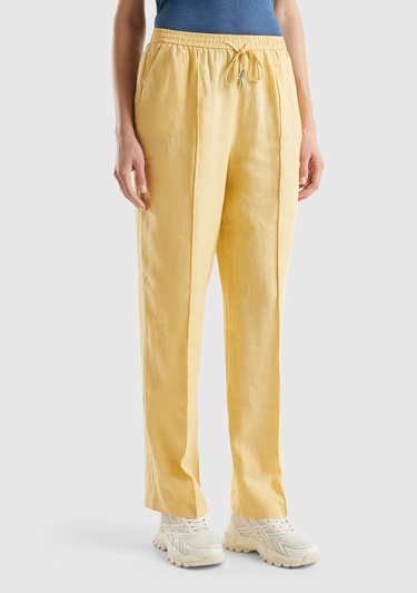  Kadın Açık Sarı %100 Keten Beli İpli Rahat Kalıp Pantolon