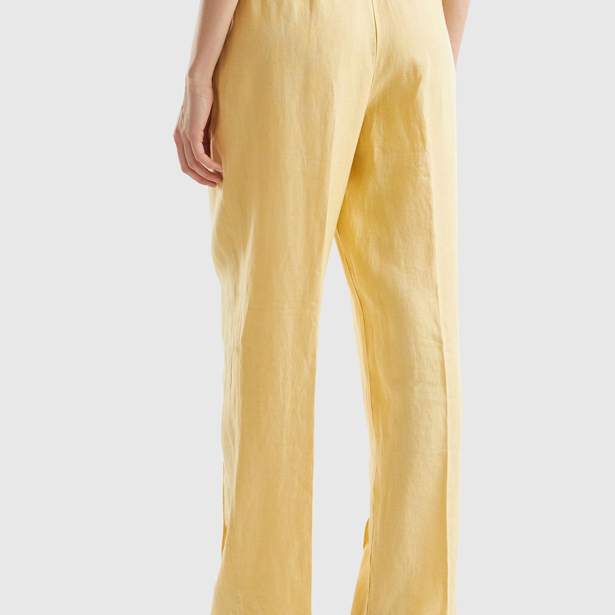 Kadın Açık Sarı %100 Keten Beli İpli Rahat Kalıp Pantolon