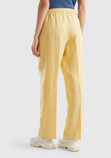  Kadın Açık Sarı %100 Keten Beli İpli Rahat Kalıp Pantolon