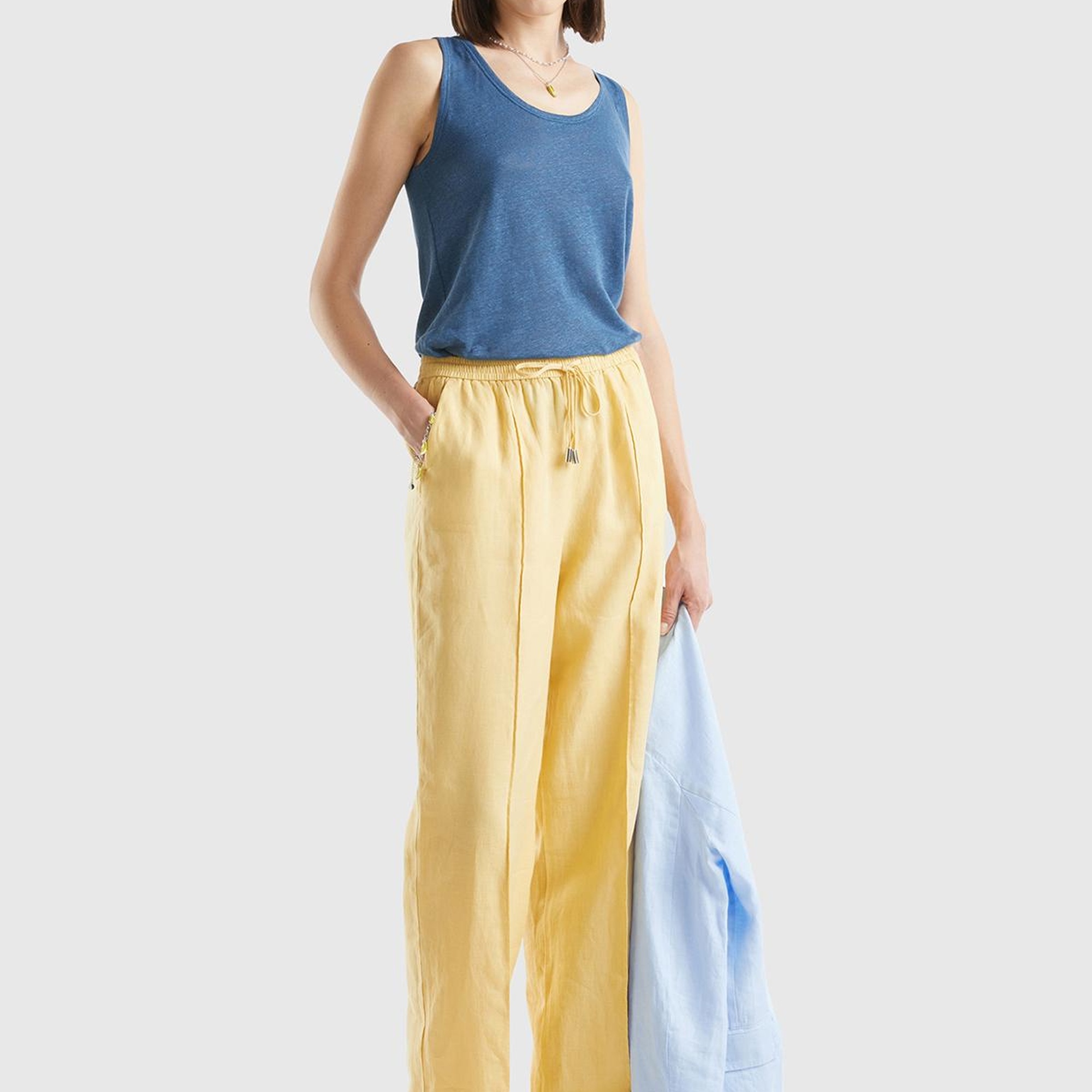 Kadın Açık Sarı %100 Keten Beli İpli Rahat Kalıp Pantolon