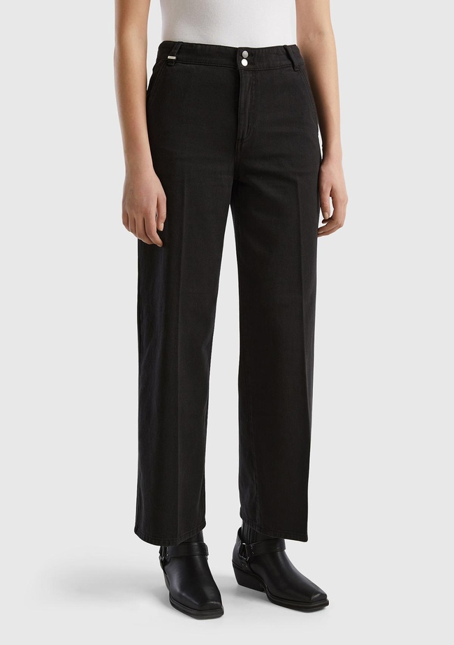  Kadın Siyah Beli Lastikli Geniş Paça Denim Pantolon