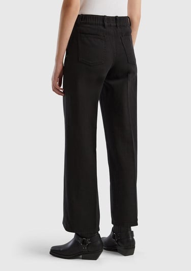 Kadın Siyah Beli Lastikli Geniş Paça Denim Pantolon