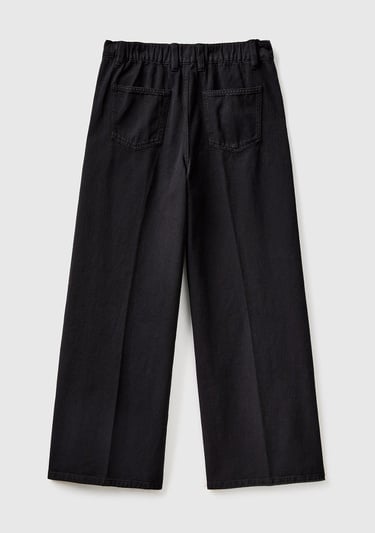  Kadın Siyah Beli Lastikli Geniş Paça Denim Pantolon