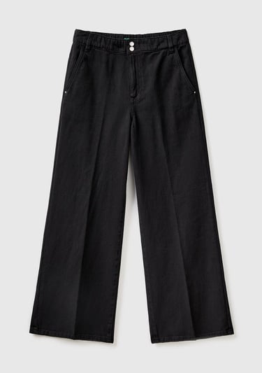  Kadın Siyah Beli Lastikli Geniş Paça Denim Pantolon