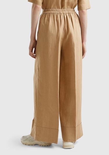  Kadın Taba %100 Keten Beli Lastikli Geniş Kesim Pantolon