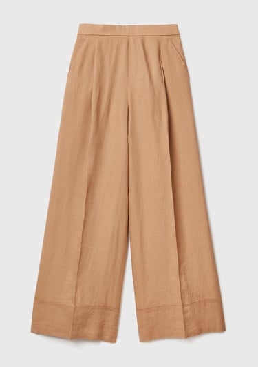  Kadın Taba %100 Keten Beli Lastikli Geniş Kesim Pantolon