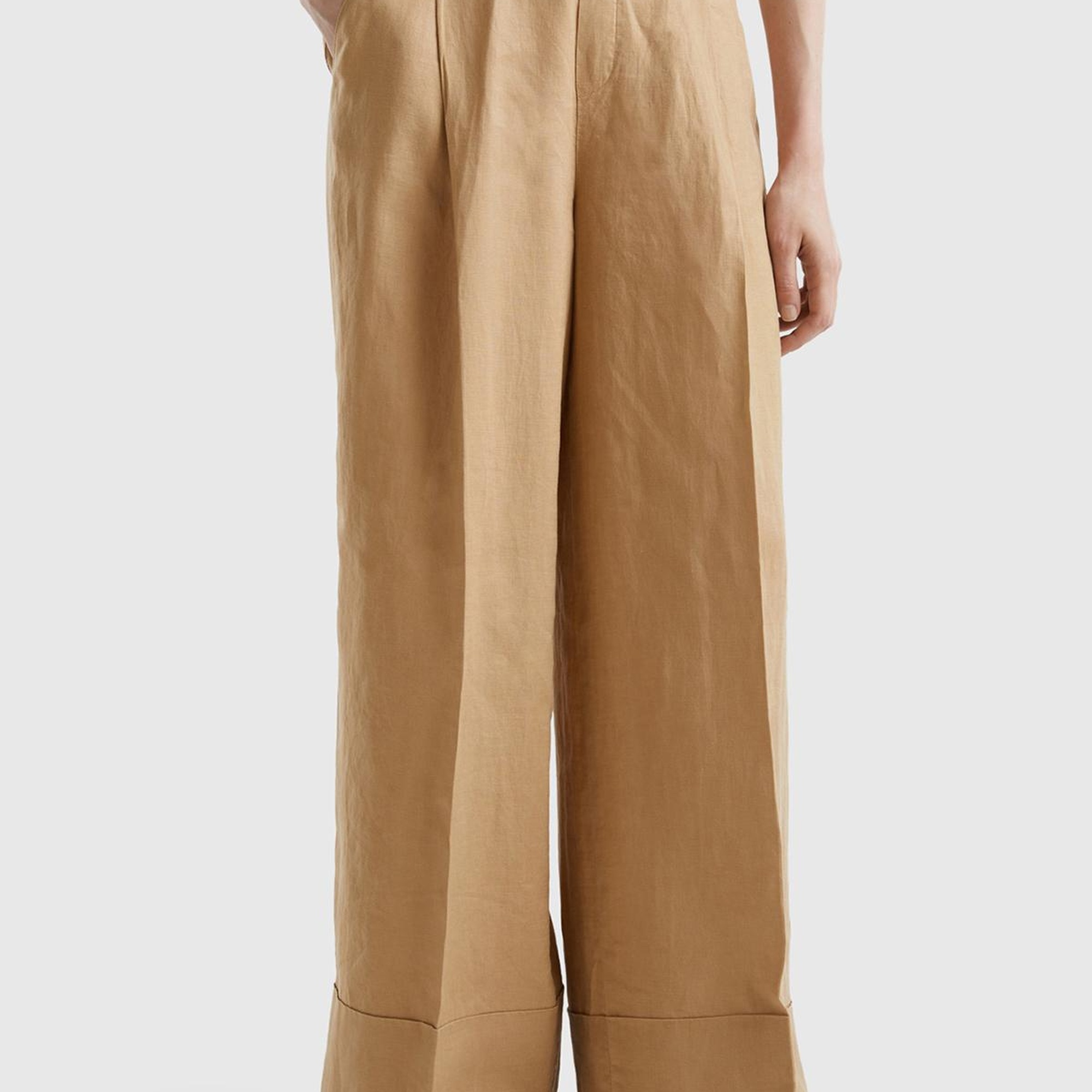 Kadın Taba %100 Keten Beli Lastikli Geniş Kesim Pantolon