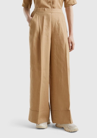  Kadın Taba %100 Keten Beli Lastikli Geniş Kesim Pantolon