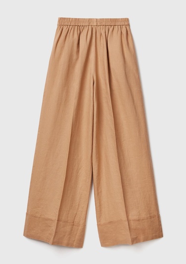  Kadın Taba %100 Keten Beli Lastikli Geniş Kesim Pantolon