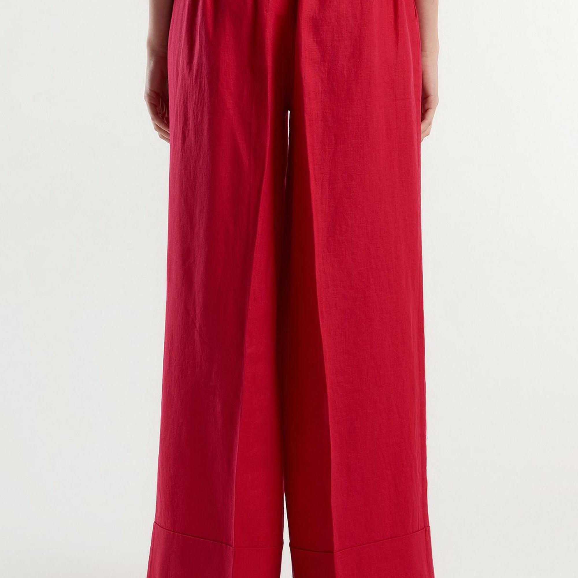 Kadın Fuşya %100 Keten Beli Lastikli Geniş Kesim Pantolon