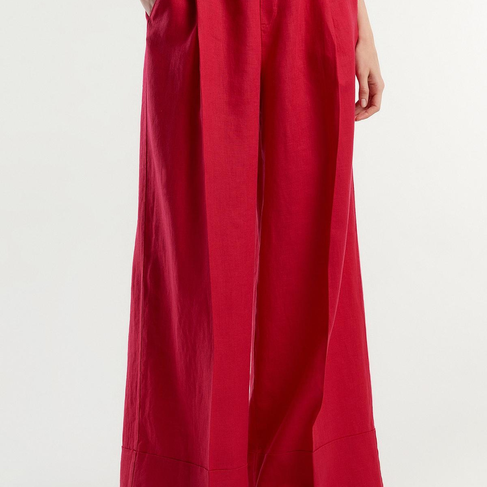 Kadın Fuşya %100 Keten Beli Lastikli Geniş Kesim Pantolon