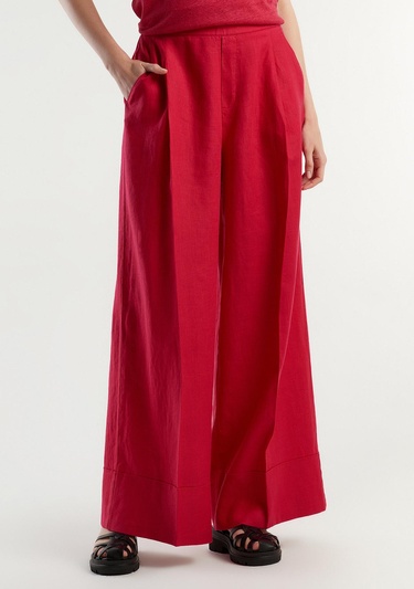  Kadın Fuşya %100 Keten Beli Lastikli Geniş Kesim Pantolon