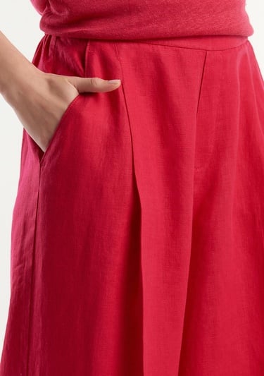  Kadın Fuşya %100 Keten Beli Lastikli Geniş Kesim Pantolon