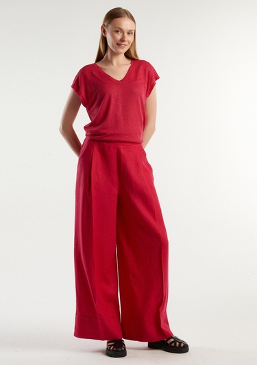  Kadın Fuşya %100 Keten Beli Lastikli Geniş Kesim Pantolon