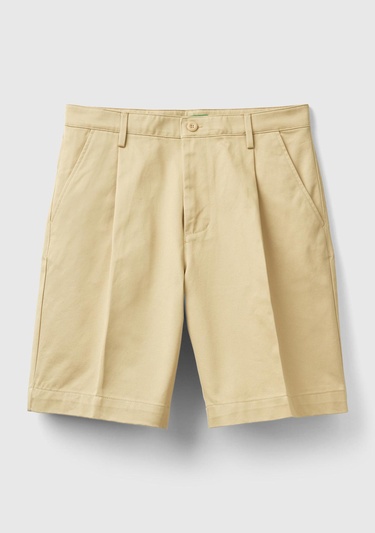  Erkek Bej %100 Pamuk Önü Pileli 4 Cepli Bermuda Şort