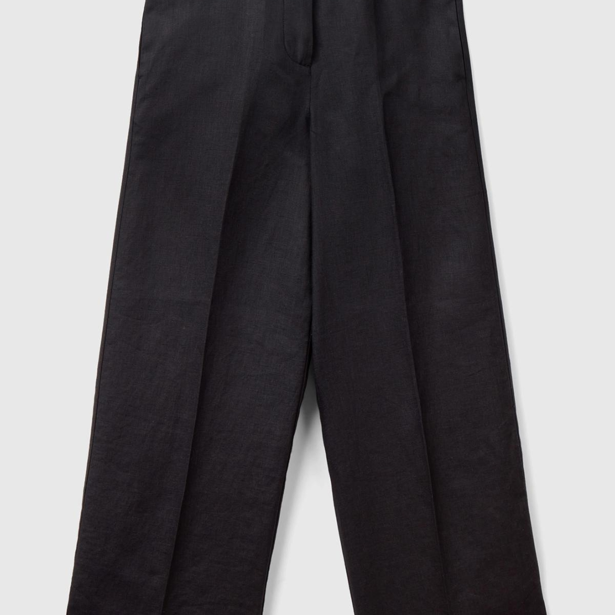 Kadın Siyah %100 Keten Düğmeli Yüksek Bel  Paçası Yırtmaçlı Pantolon