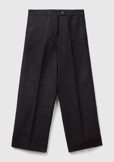  Kadın Siyah %100 Keten Düğmeli Yüksek Bel  Paçası Yırtmaçlı Pantolon