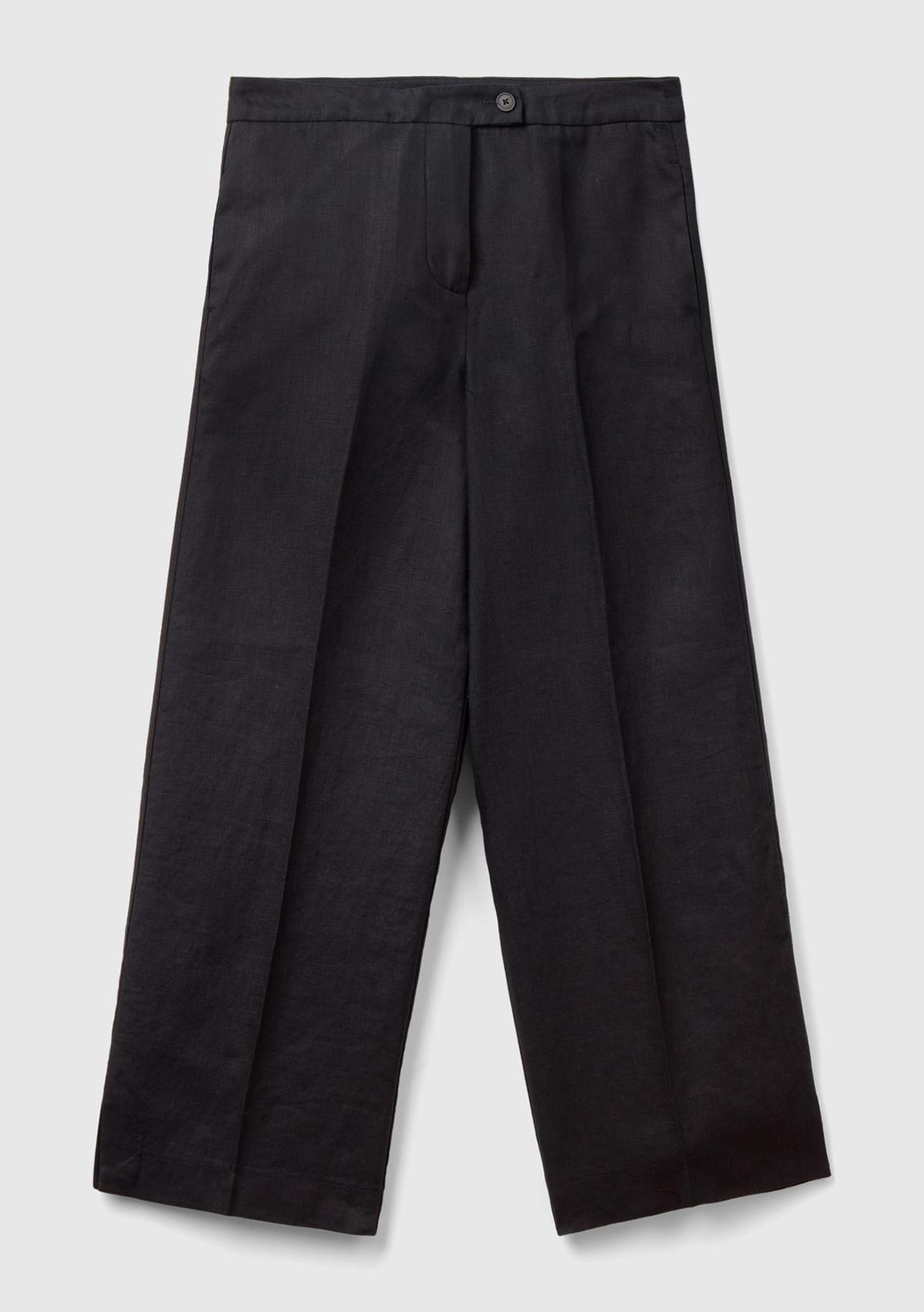  Kadın Siyah %100 Keten Düğmeli Yüksek Bel  Paçası Yırtmaçlı Pantolon