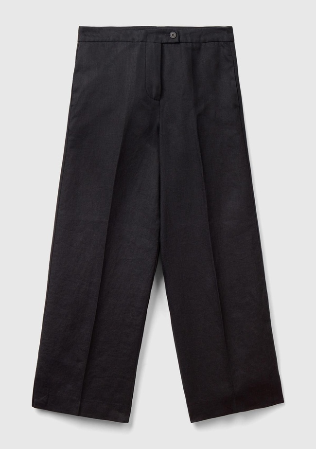  Kadın Siyah %100 Keten Düğmeli Yüksek Bel  Paçası Yırtmaçlı Pantolon