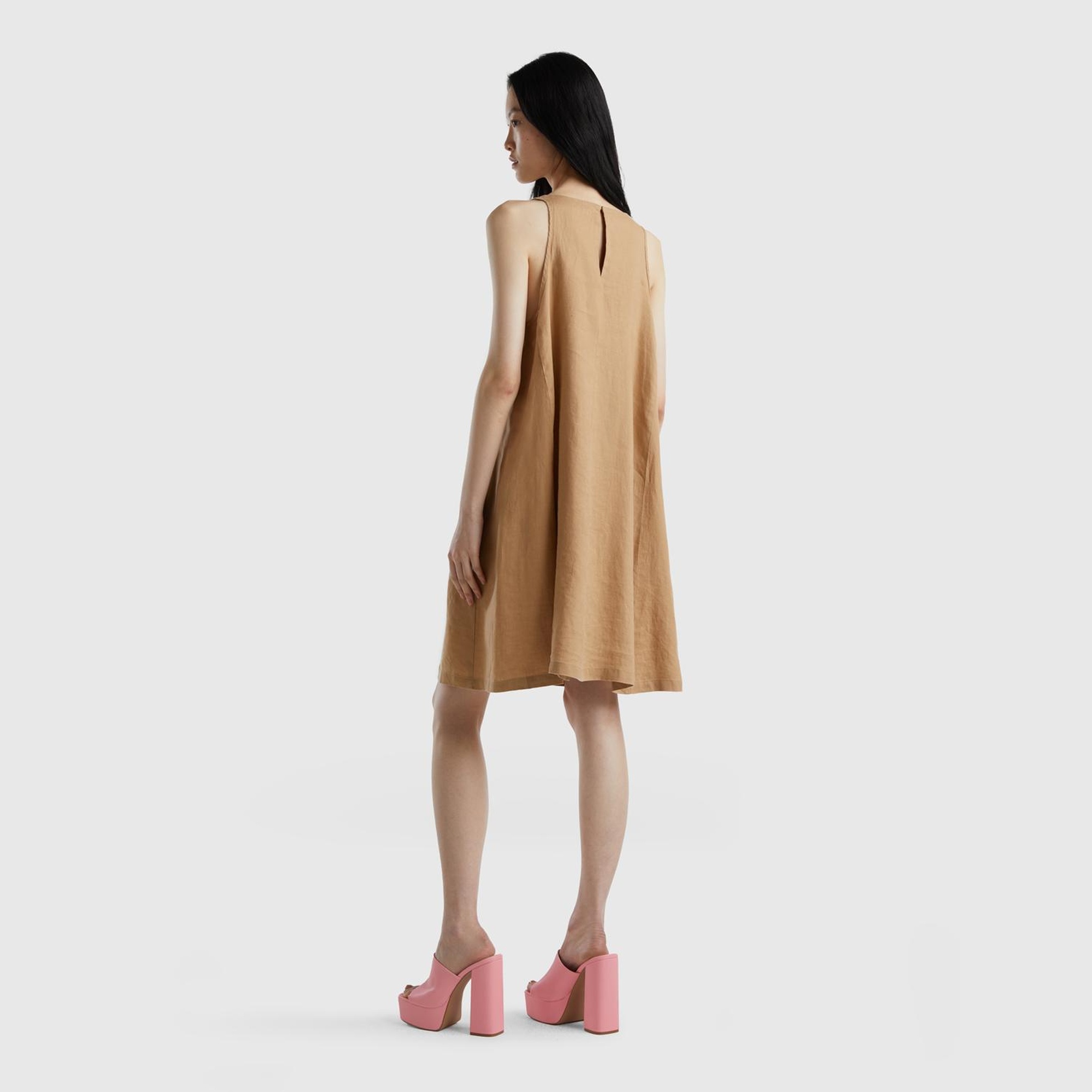 Kadın Taba %100 Keten Kolsuz Elbise