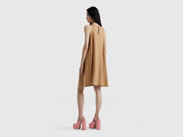  Kadın Taba %100 Keten Kolsuz Elbise