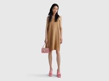  Kadın Taba %100 Keten Kolsuz Elbise