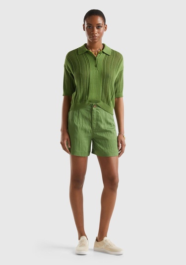  Kadın Soluk Yeşil Liyosel Karışımlı Yama Cepli Kemer Delikli Şort