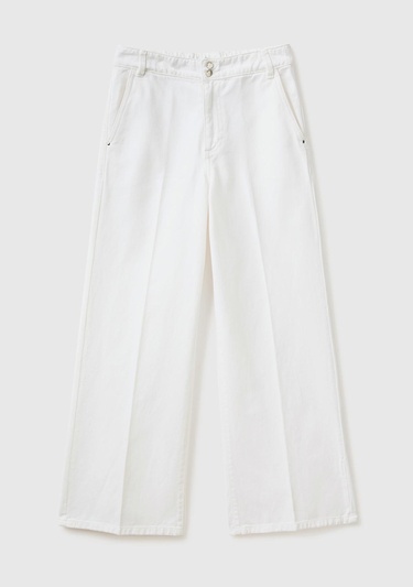  Kadın Beyaz Beli Lastikli Geniş Paça Denim Pantolon