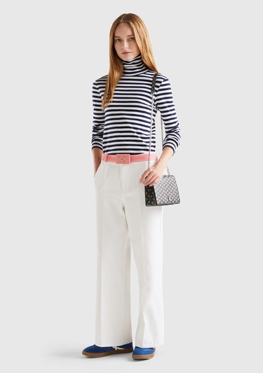  Kadın Beyaz Beli Lastikli Geniş Paça Denim Pantolon