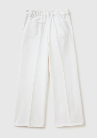  Kadın Beyaz Beli Lastikli Geniş Paça Denim Pantolon