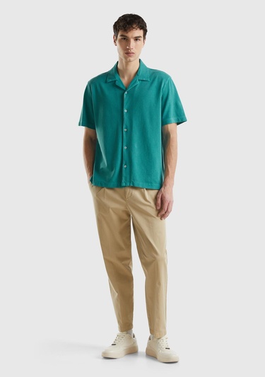  Erkek Adaçayı %100 Pamuk Tek Renkli Dekoratif Dikişli Kısa Kollu Gömlek