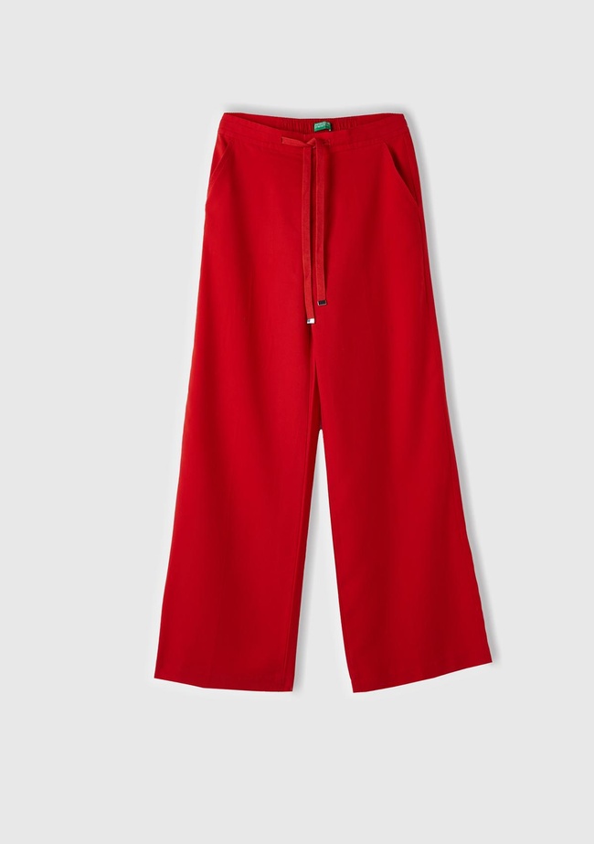  Kadın Kırmızı %100 Liyosel Önü Pileli Beli İpli ve Düğmeli Pantolon