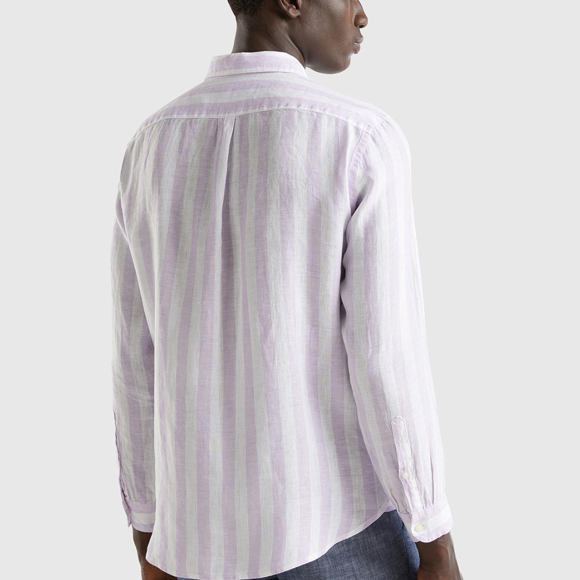 Erkek Beyaz-Lila %100 Keten Gömlek