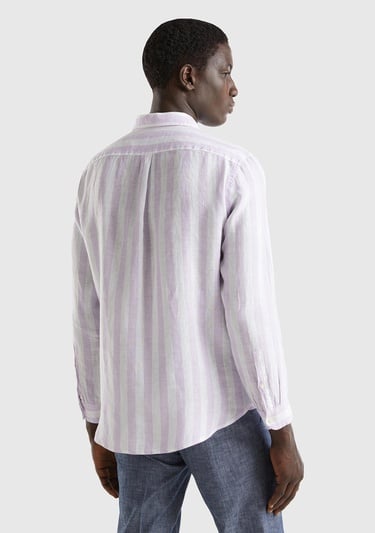  Erkek Beyaz-Lila %100 Keten Gömlek