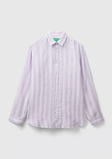  Erkek Beyaz-Lila %100 Keten Gömlek