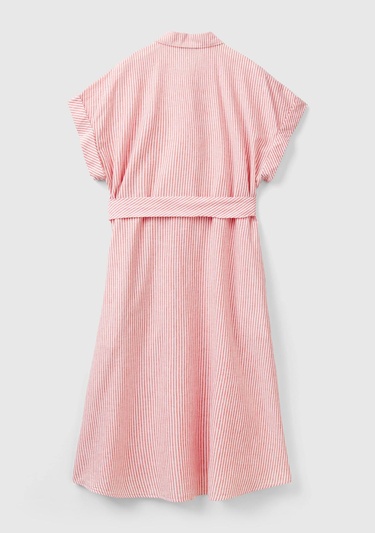  Kadın Kırmızı Keten Karışımlı Beli Bağlamlı Önü Düğmeli Yırtmaçlı Elbise