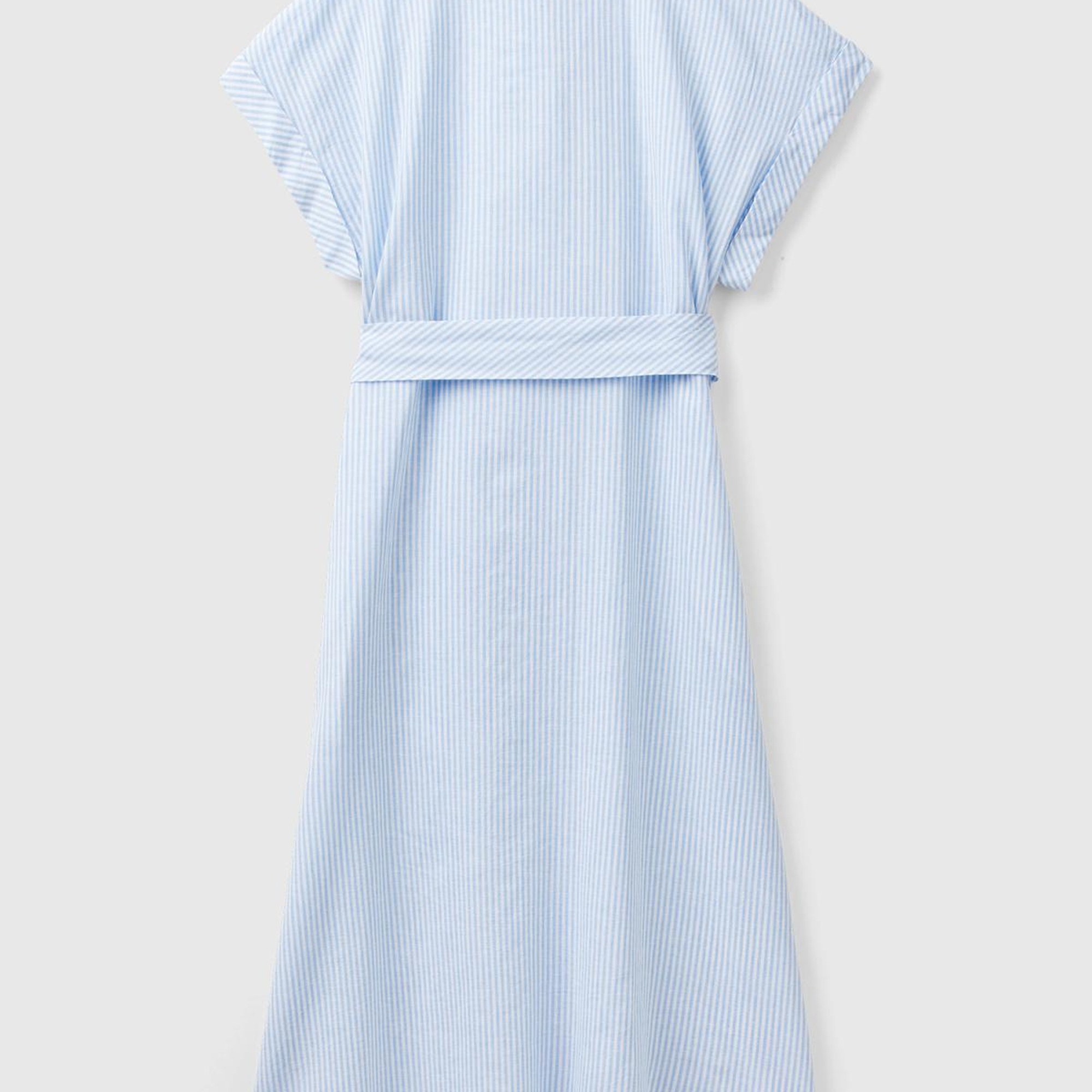 Kadın Mavi- Keten Karışımlı Beli Bağlamlı Önü Düğmeli Yırtmaçlı Elbise