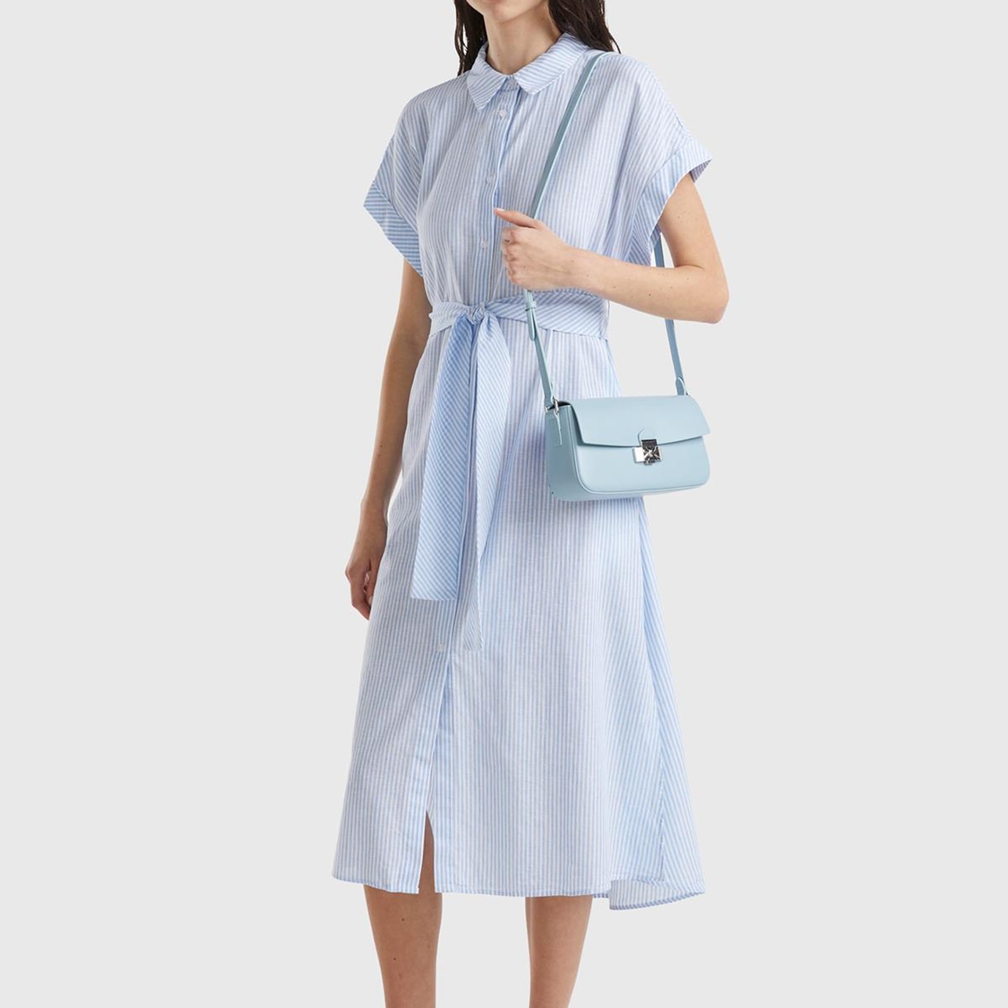 Kadın Mavi- Keten Karışımlı Beli Bağlamlı Önü Düğmeli Yırtmaçlı Elbise