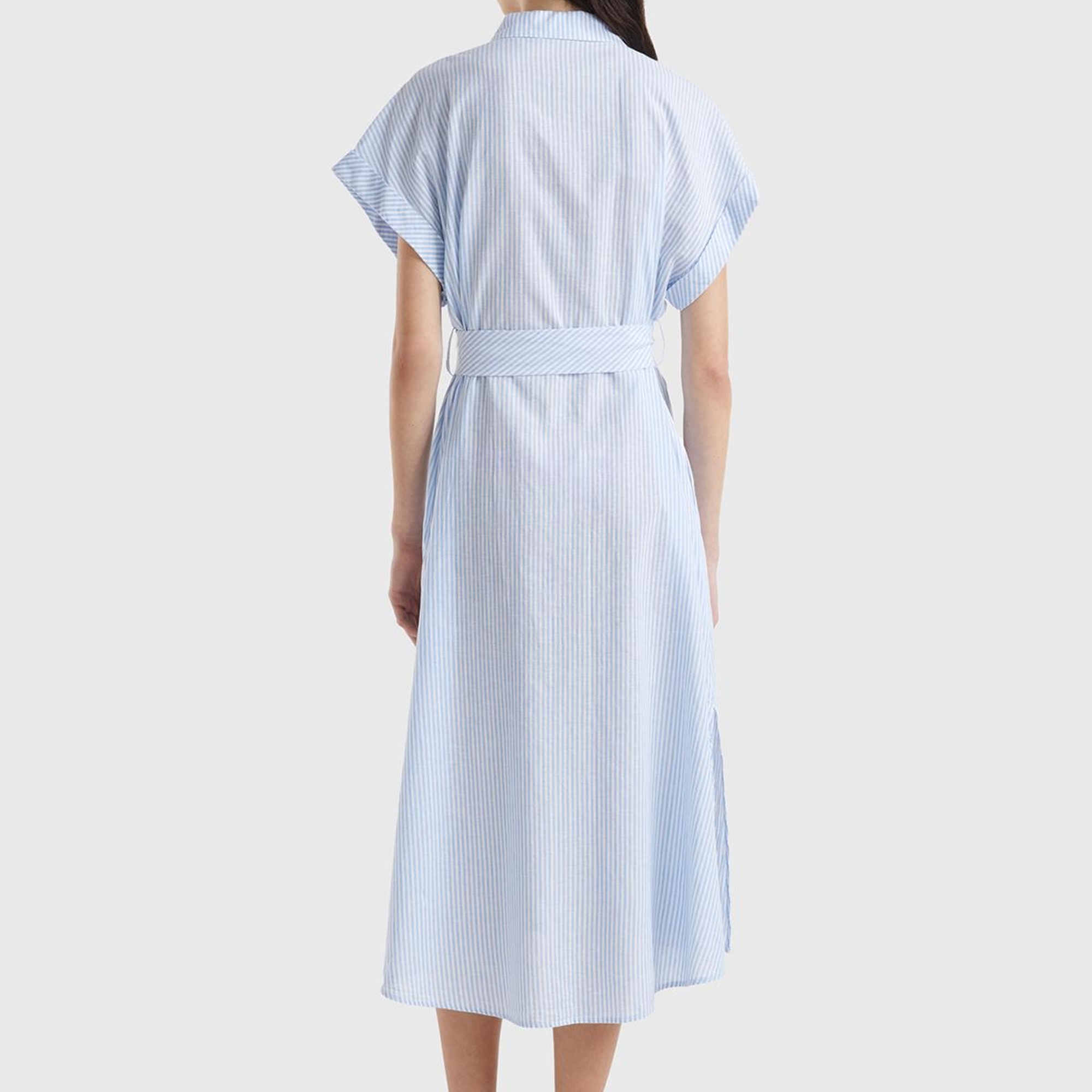 Kadın Mavi- Keten Karışımlı Beli Bağlamlı Önü Düğmeli Yırtmaçlı Elbise