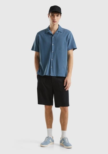  Erkek Lacivert %100 Pamuk Tek Renkli Dekoratif Dikişli Kısa Kollu Gömlek