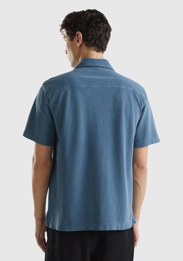  Erkek Lacivert %100 Pamuk Tek Renkli Dekoratif Dikişli Kısa Kollu Gömlek