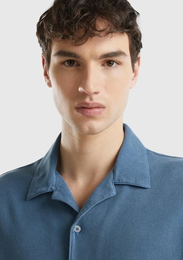  Erkek Lacivert %100 Pamuk Tek Renkli Dekoratif Dikişli Kısa Kollu Gömlek