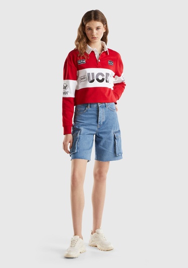  Kadın Mavi %100 Pamuk Arkası Logo Detaylı 5 Cepli Kargo Şort