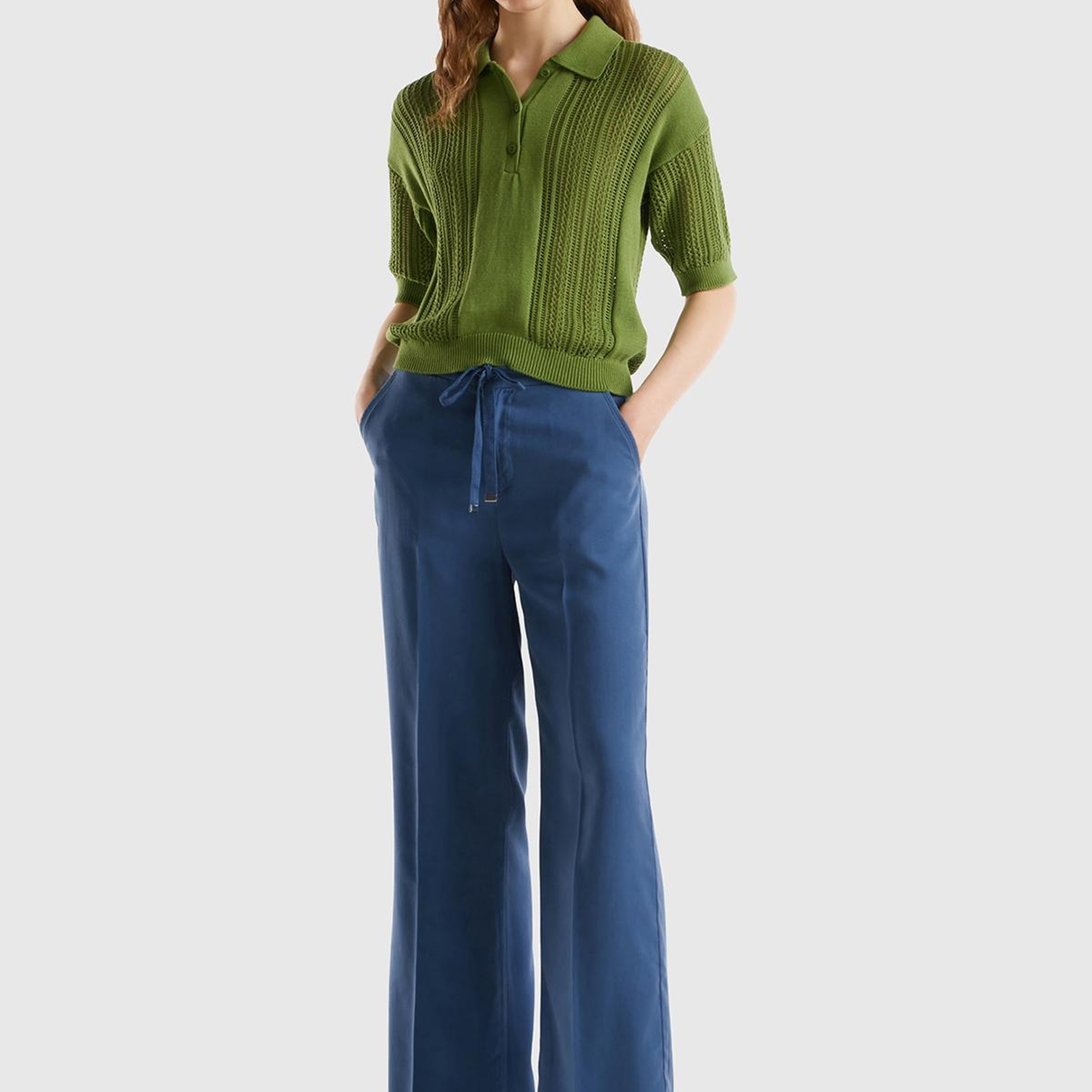 Kadın Gece Mavisi %100 Liyosel Önü Pileli Beli İpli ve Düğmeli Pantolon