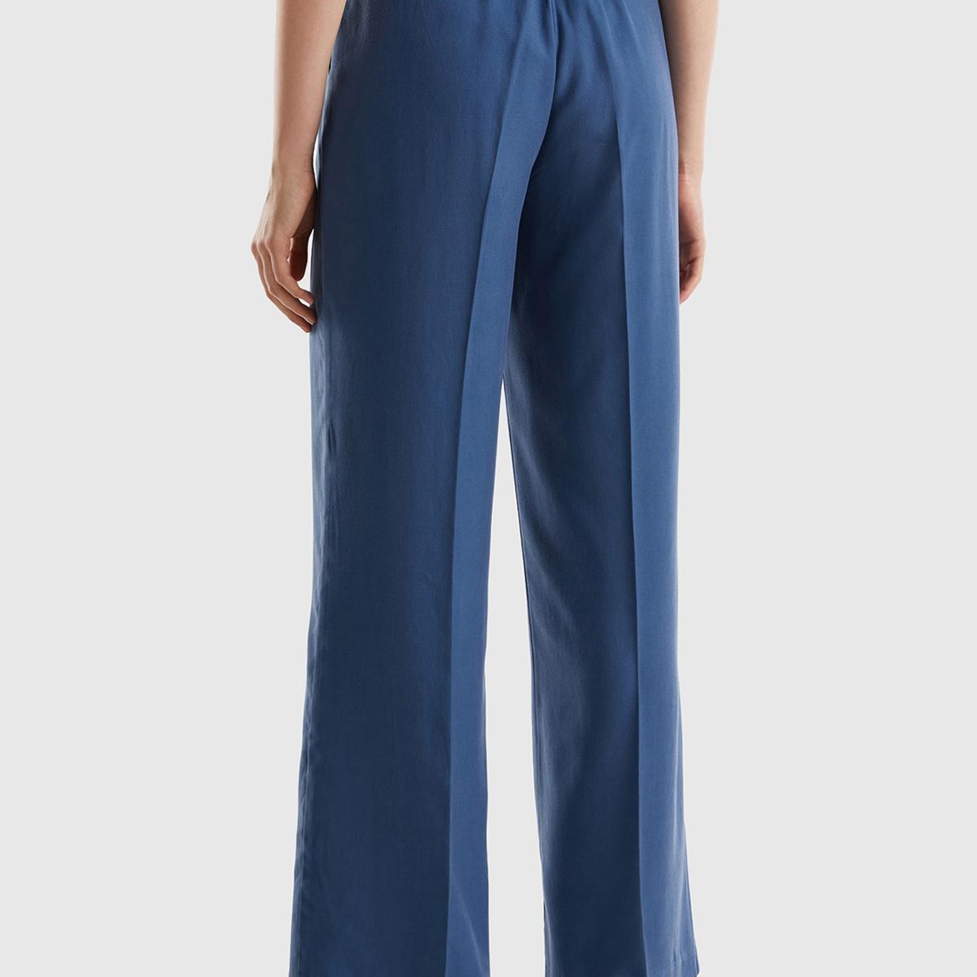 Kadın Gece Mavisi %100 Liyosel Önü Pileli Beli İpli ve Düğmeli Pantolon