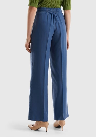  Kadın Gece Mavisi %100 Liyosel Önü Pileli Beli İpli ve Düğmeli Pantolon
