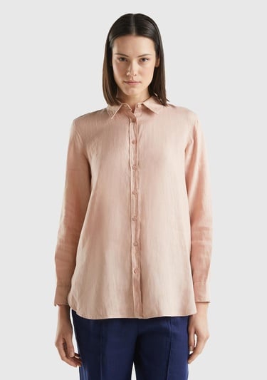  Kadın Pudra %100 Keten Gömlek