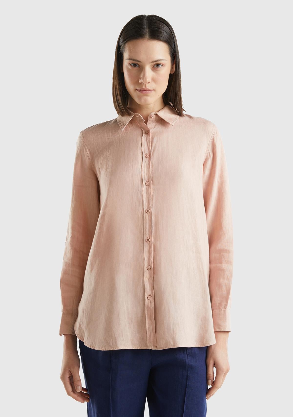  Kadın Pudra %100 Keten Gömlek