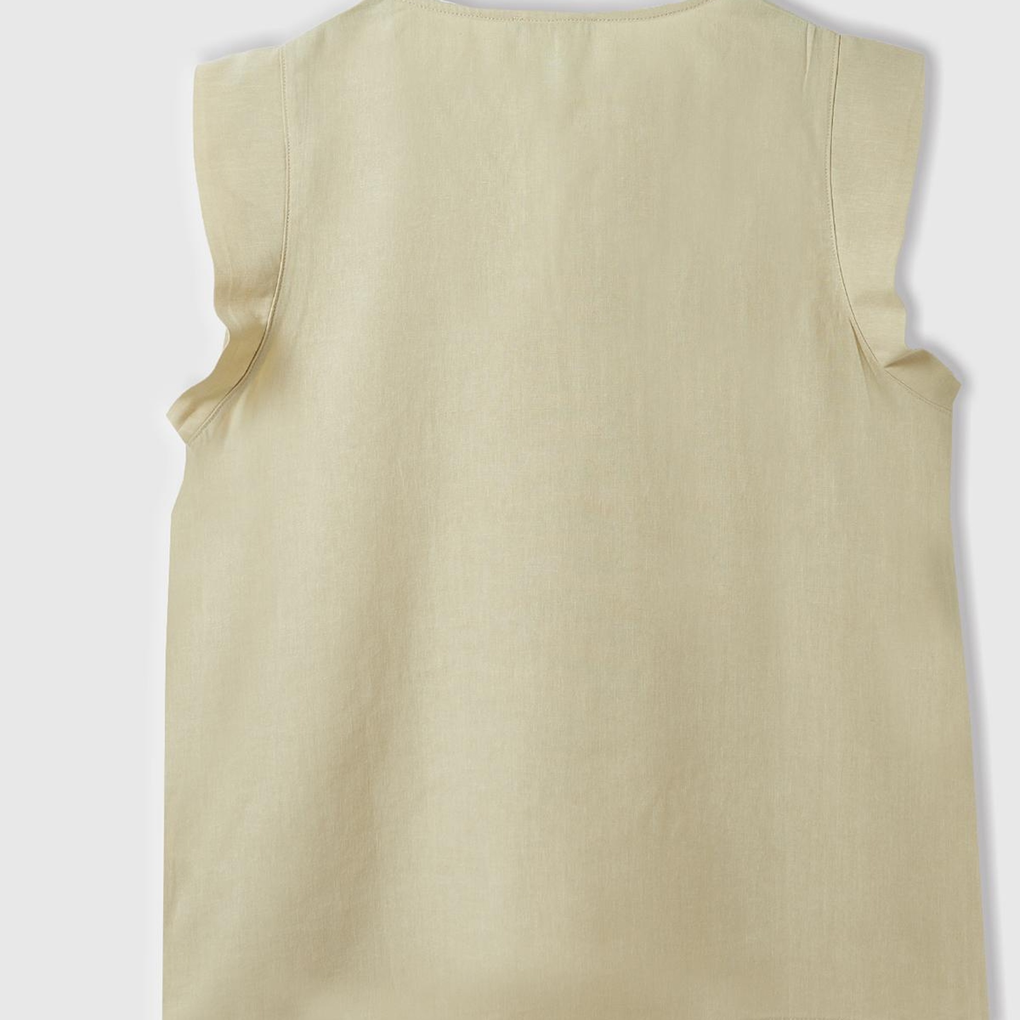 Kadın Bej Liyosel ve Keten Karışımlı Geniş Kesim V Yaka Bluz